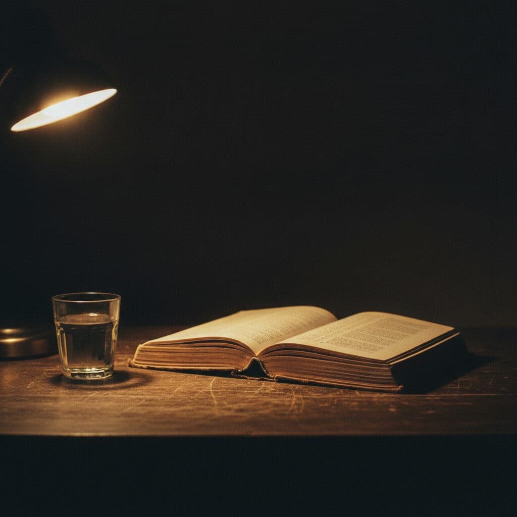An open Bible on a wooden table under a warm lamp during Tuesday Bible Refreshment in Herten