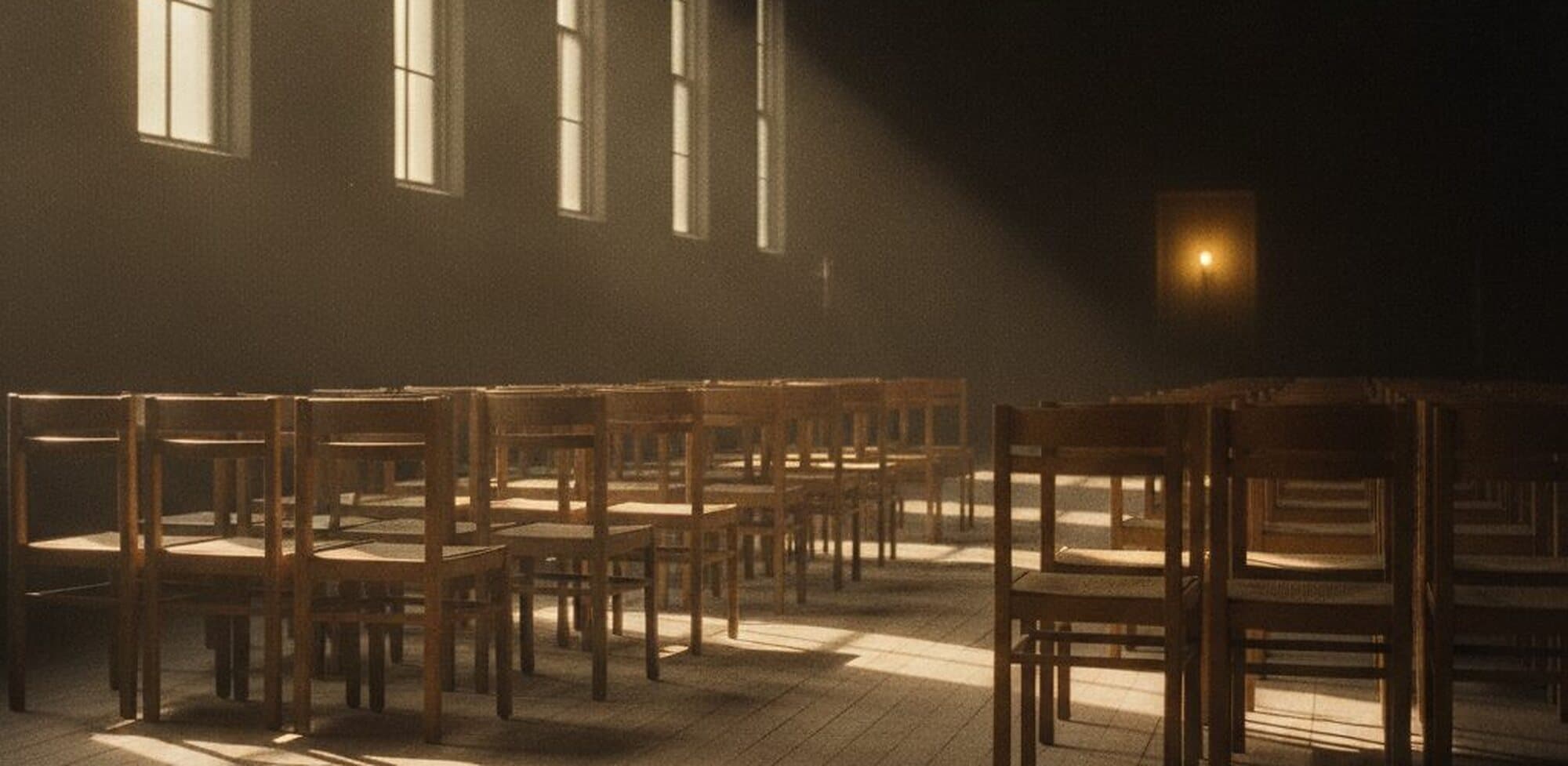 Rows of empty chairs in the hall at Sophienstraße 3 in Herten, twenty minutes before the gathering begins