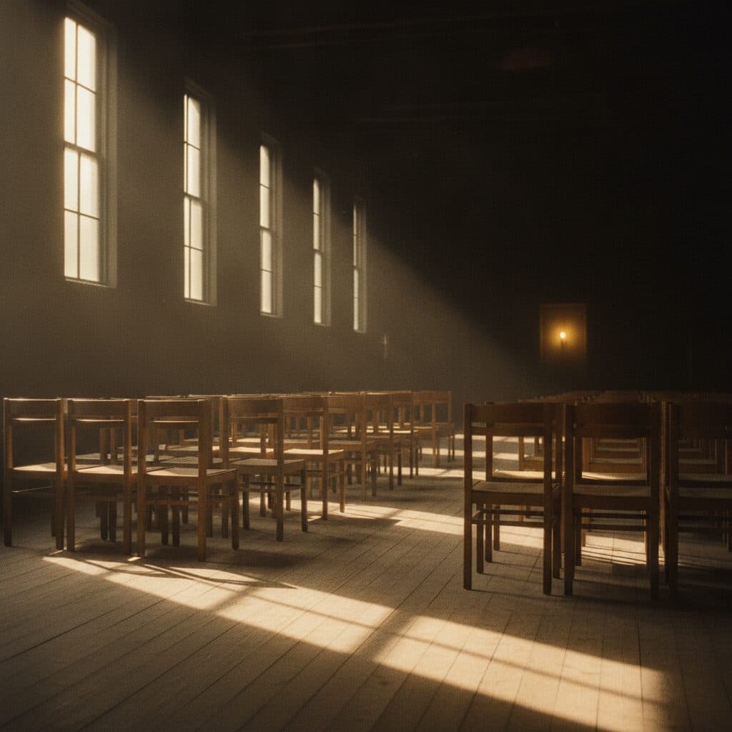 Rows of empty chairs in the hall twenty minutes before the evening gathering begins