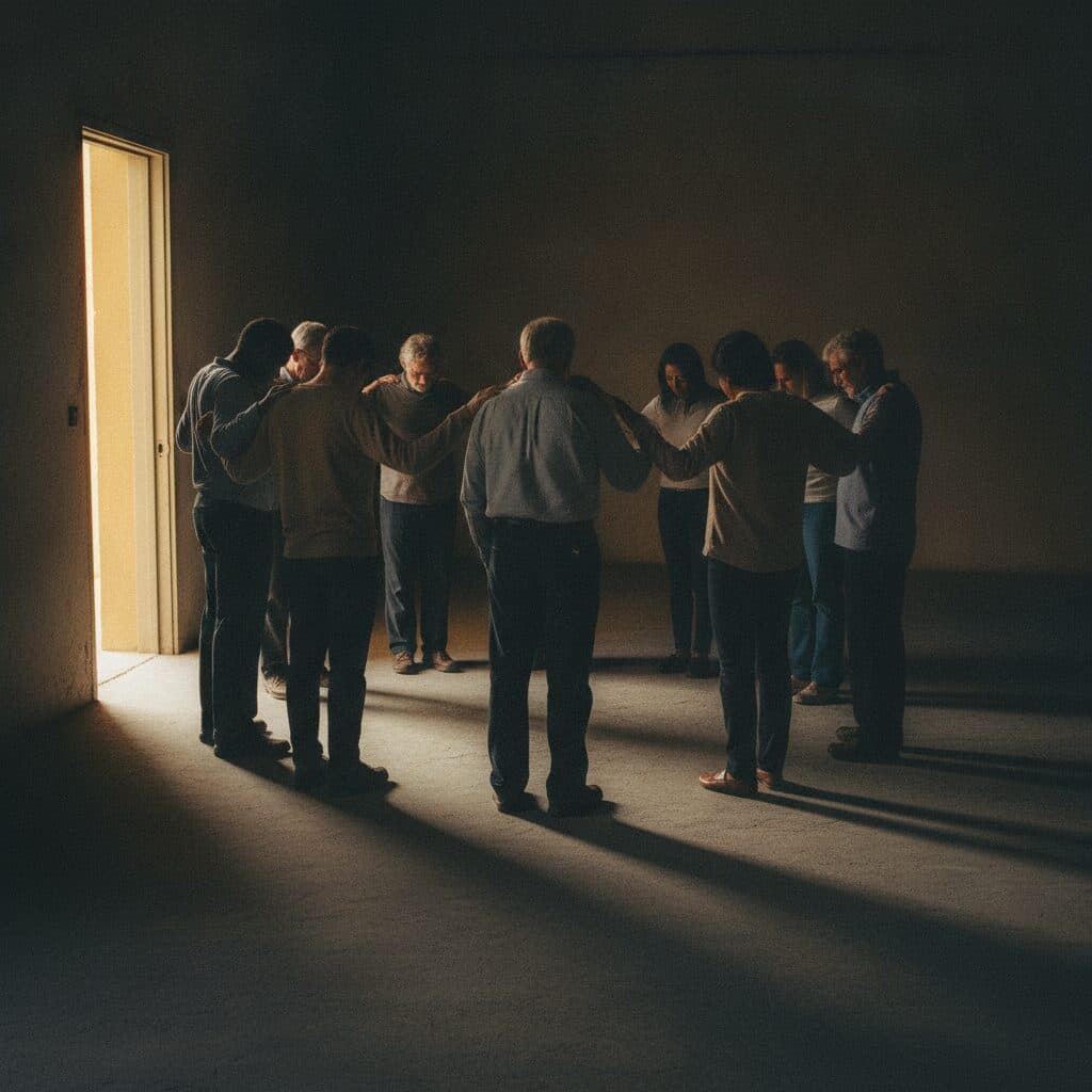 A circle of people praying together at the Prayer Academy in Herten, lit from one side