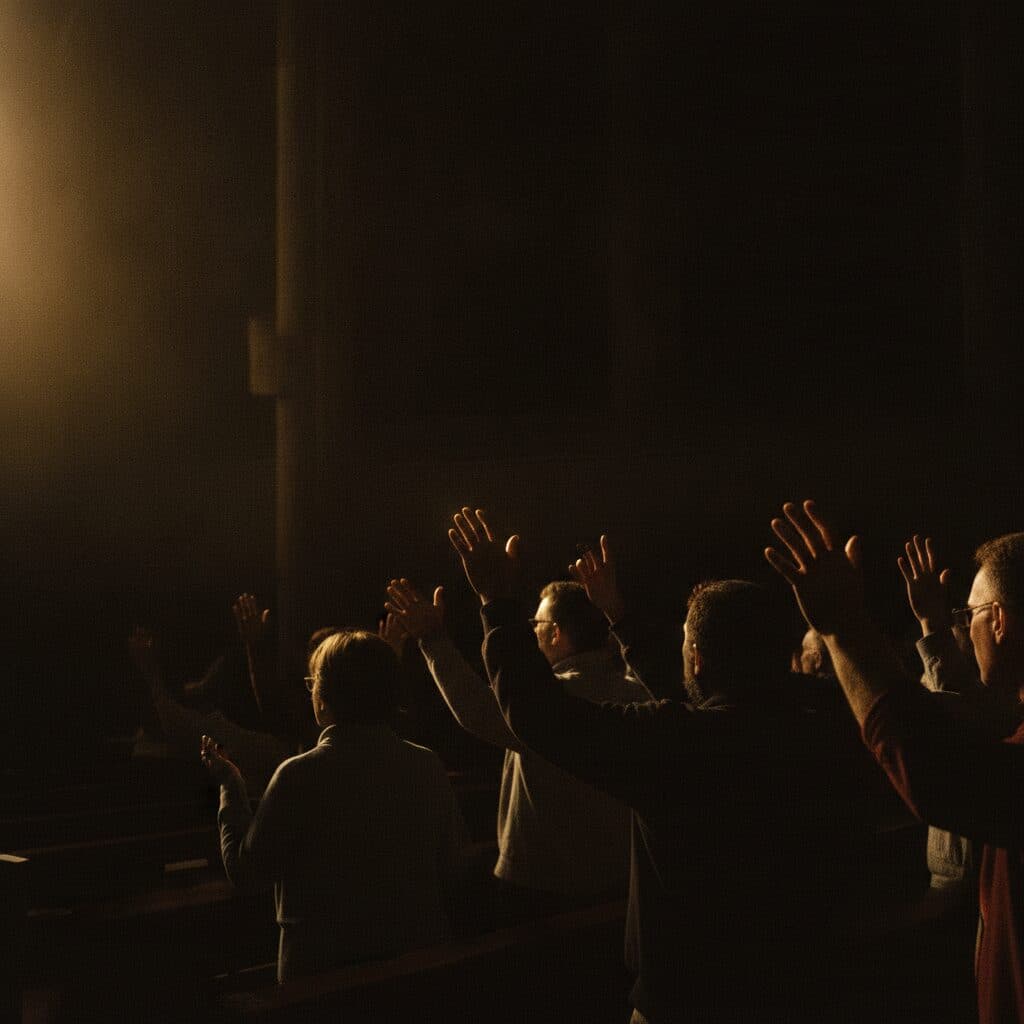 Hands raised during Revival Night on a Wednesday at 19:00 in Herten, in warm golden light