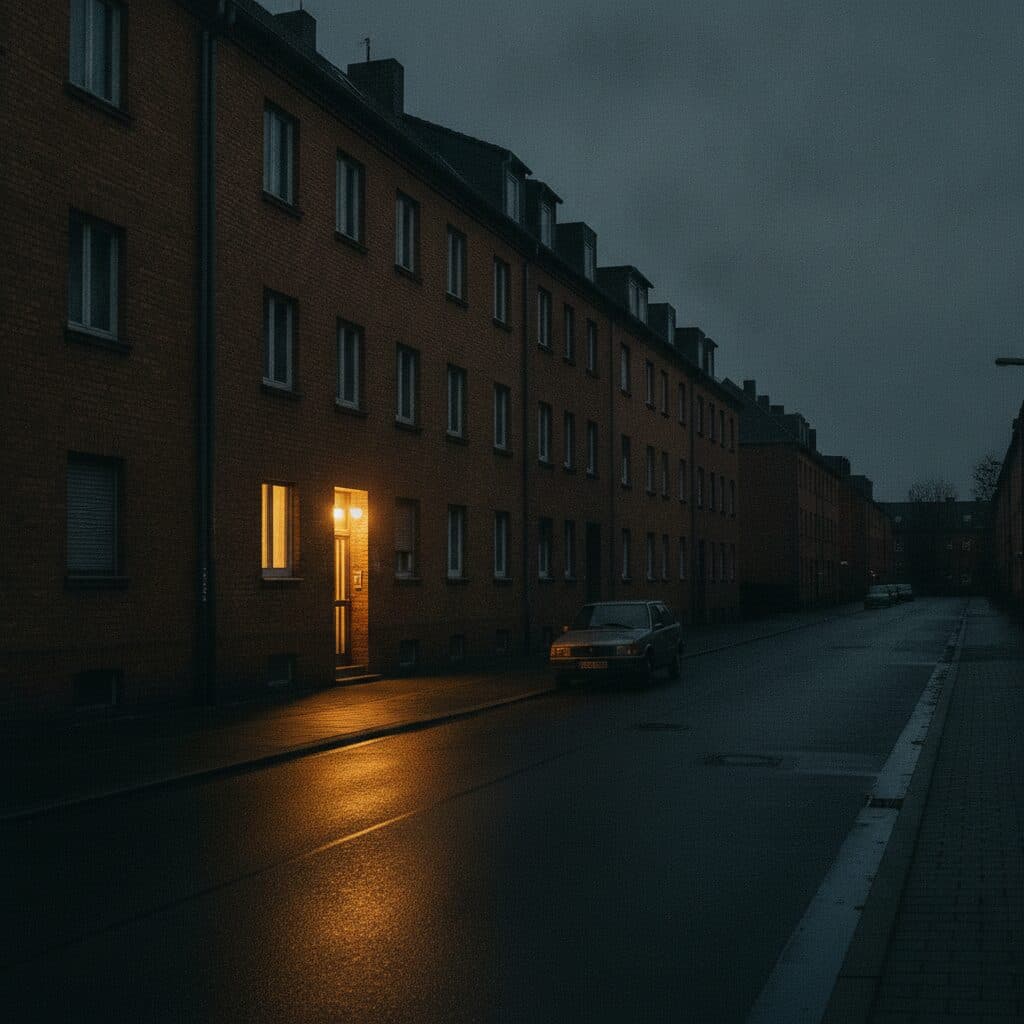 Sophienstraße in Herten at dusk, the entrance of the church glowing with warm light