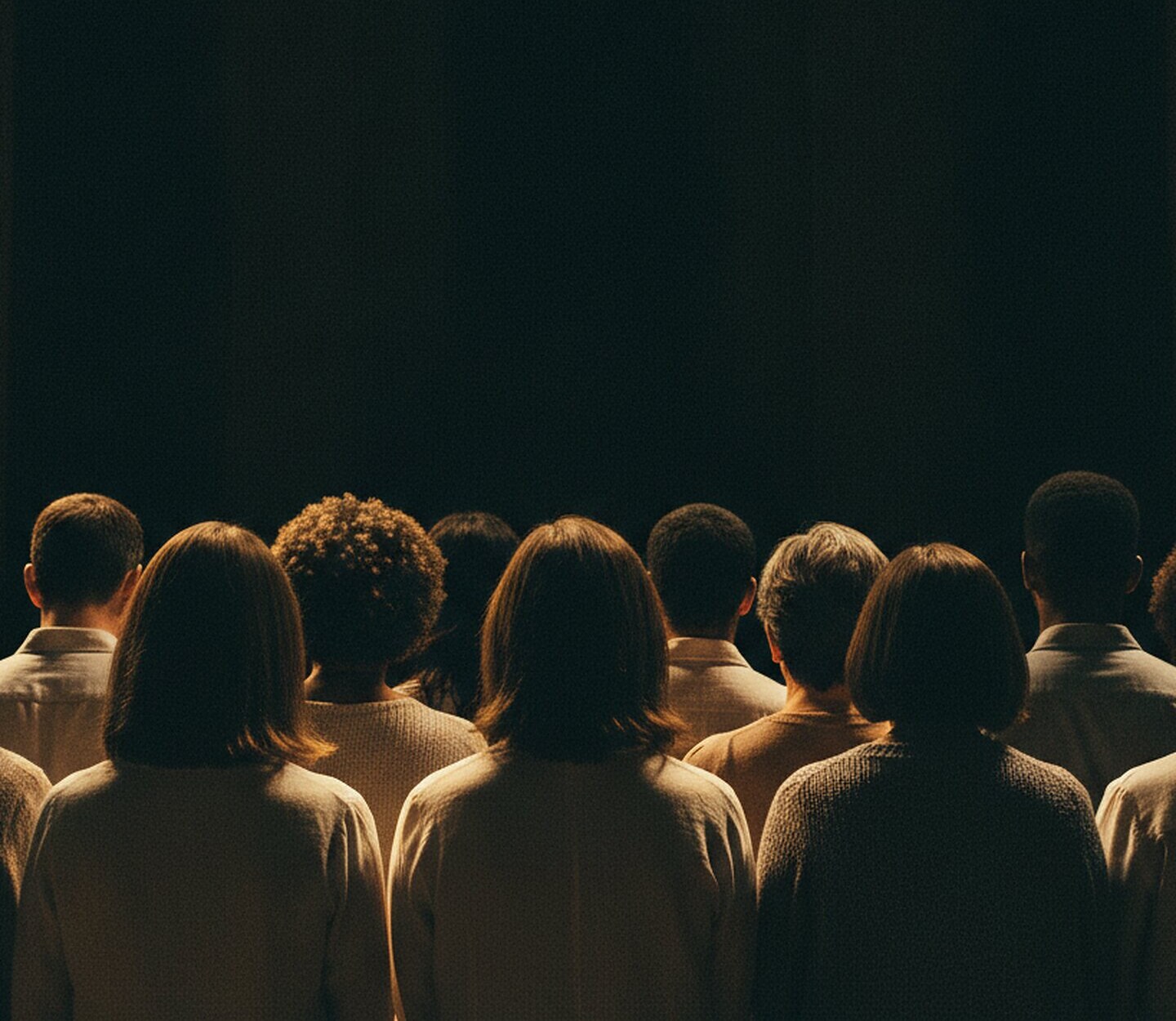 Evening gathering at Testimony Arena in Herten — the congregation standing together, seen from behind in warm golden light